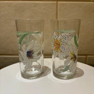 Vintage KSA Easter Lily Floral Tumbler Glasses Set of 2 5”x 2 3/4"